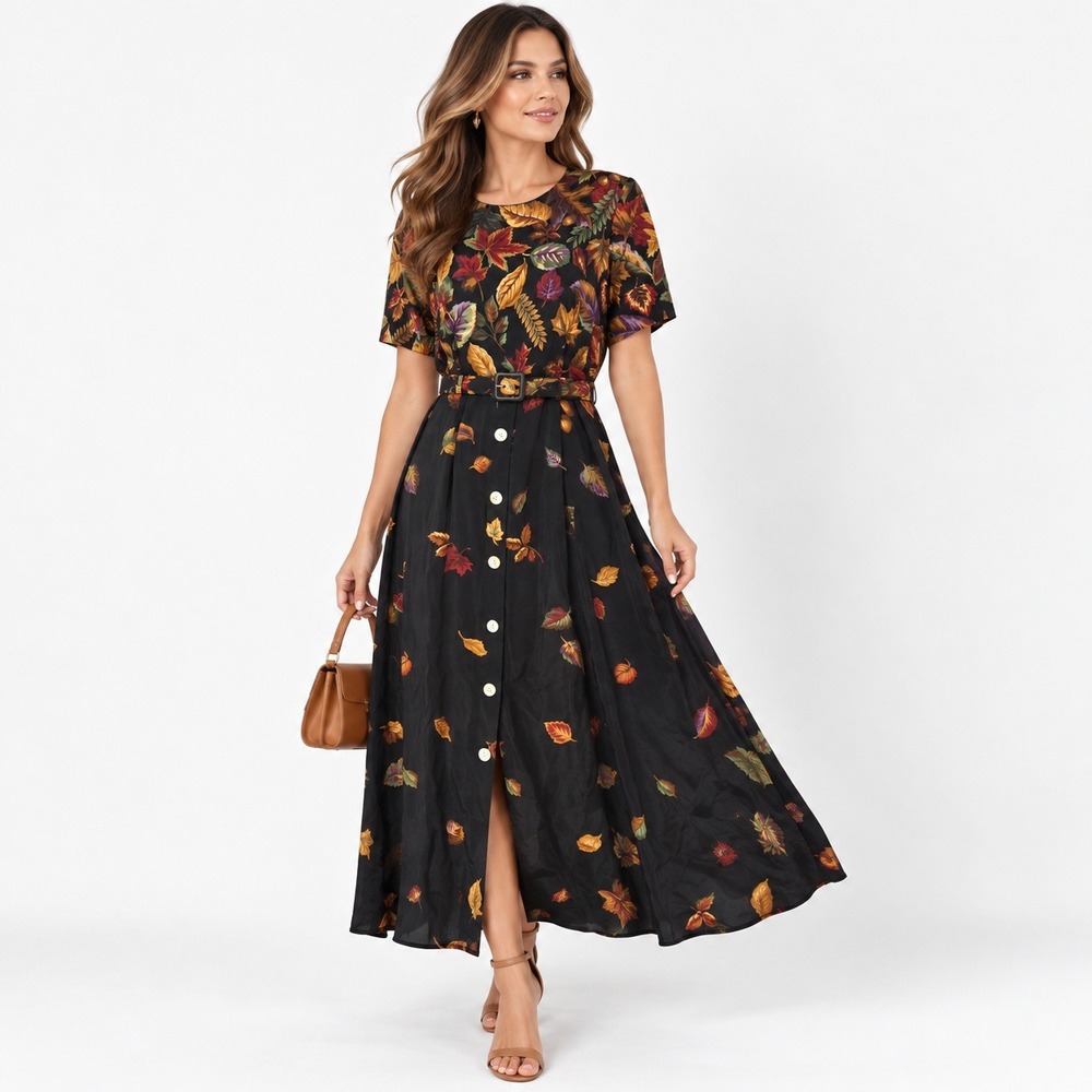 VTG Nine 2 Nine Maxi Dress M Black Fall Leaf AOP Belted 90's Whimsical Cottage